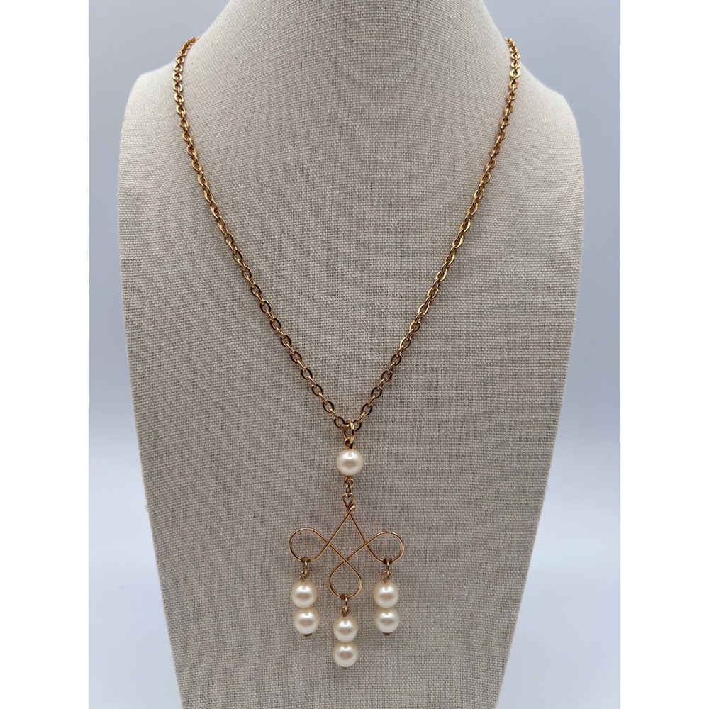 Vintage Avon Gold Tone Faux Pearl Scroll Chandelier Drop Necklace Hook 24"